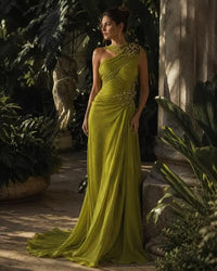 Green Chiffon One Shoulder Sleeveless High Waist Long Prom Dress With