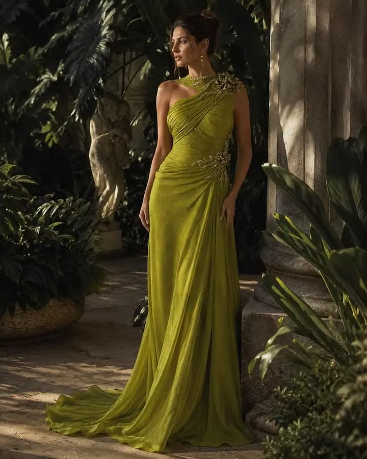 Green Chiffon One Shoulder Sleeveless High Waist Long Prom Dress With