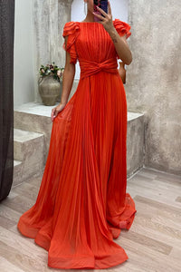 Green Elegant Queen Pleated Ruffle Sleeve Cross Waist Maxi Dress