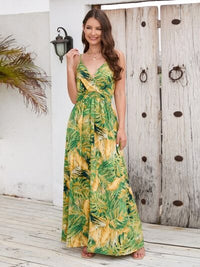 Green Printed Surplice Spaghetti Strap Dress