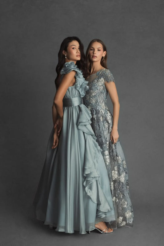 Green Ruffle Shoulder V Neck Chiffon Gown