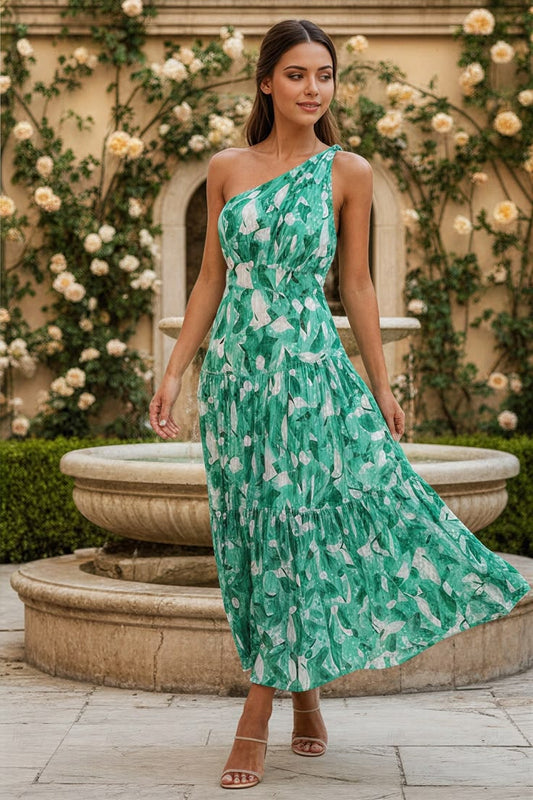 Green Sleeveless Long Dress With Elegant Asymmetric Shoulder