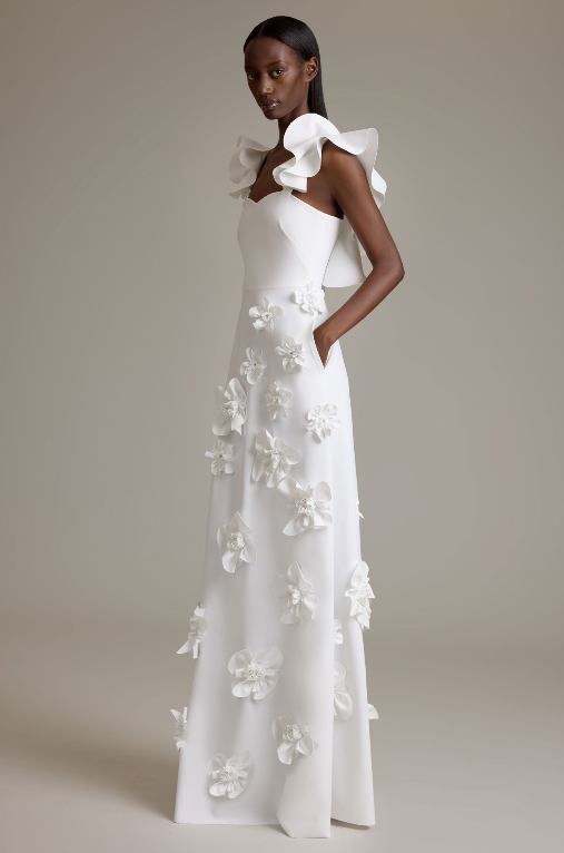 Greta Constantine - Dragonette Flutter-Strap Gown with Floral Applique