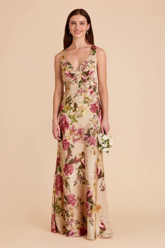 Grey Veronica Hazelnut Moody Blooms Matte Satin Dress