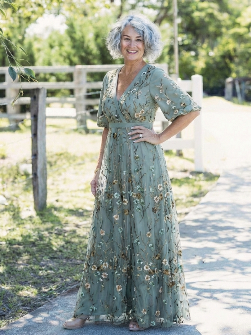 Flora – Floral V-Neck Maxi Dress with Short Sleeves