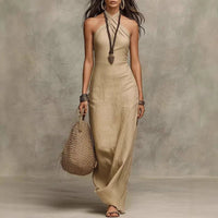 Evelyn | Halter Maxi Dress Criss Cross Neckline Sleeveless Bohemian Khaki