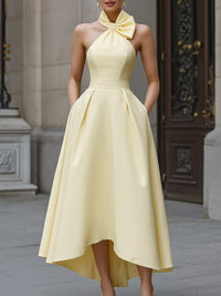 Halter Neck Bow Detail High Low A Line Maxi Dress Yellow