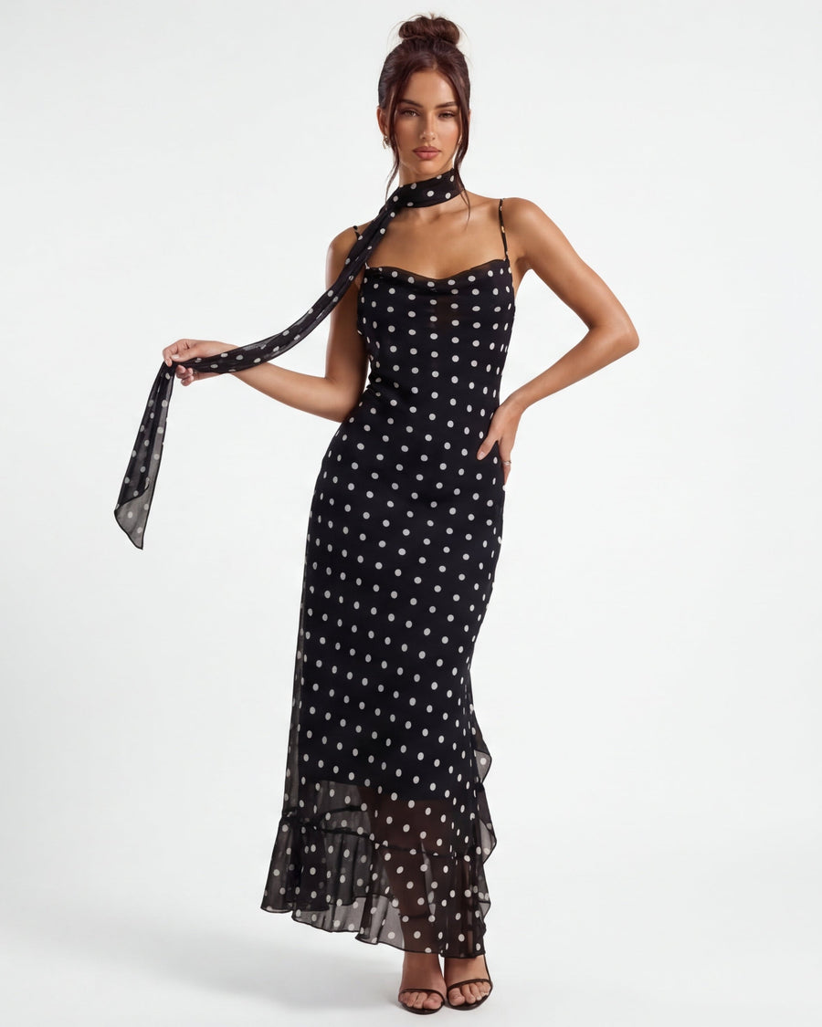 Linnea - Polka Maxi Dress with Scarf Detail