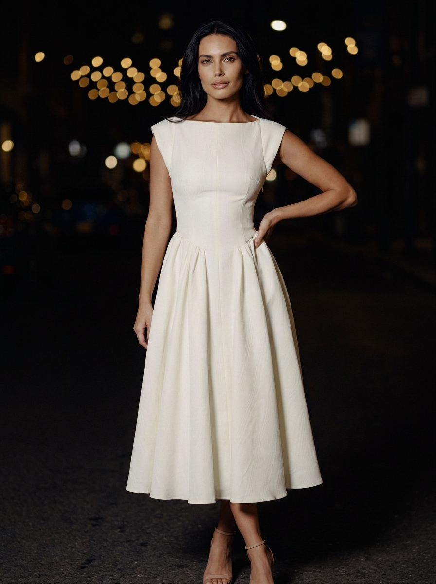 CAMILLE ELEGANCE MIDI DRESS Ivory front