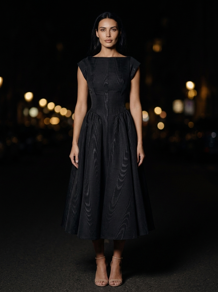 CAMILLE ELEGANCE MIDI DRESS Zwart front