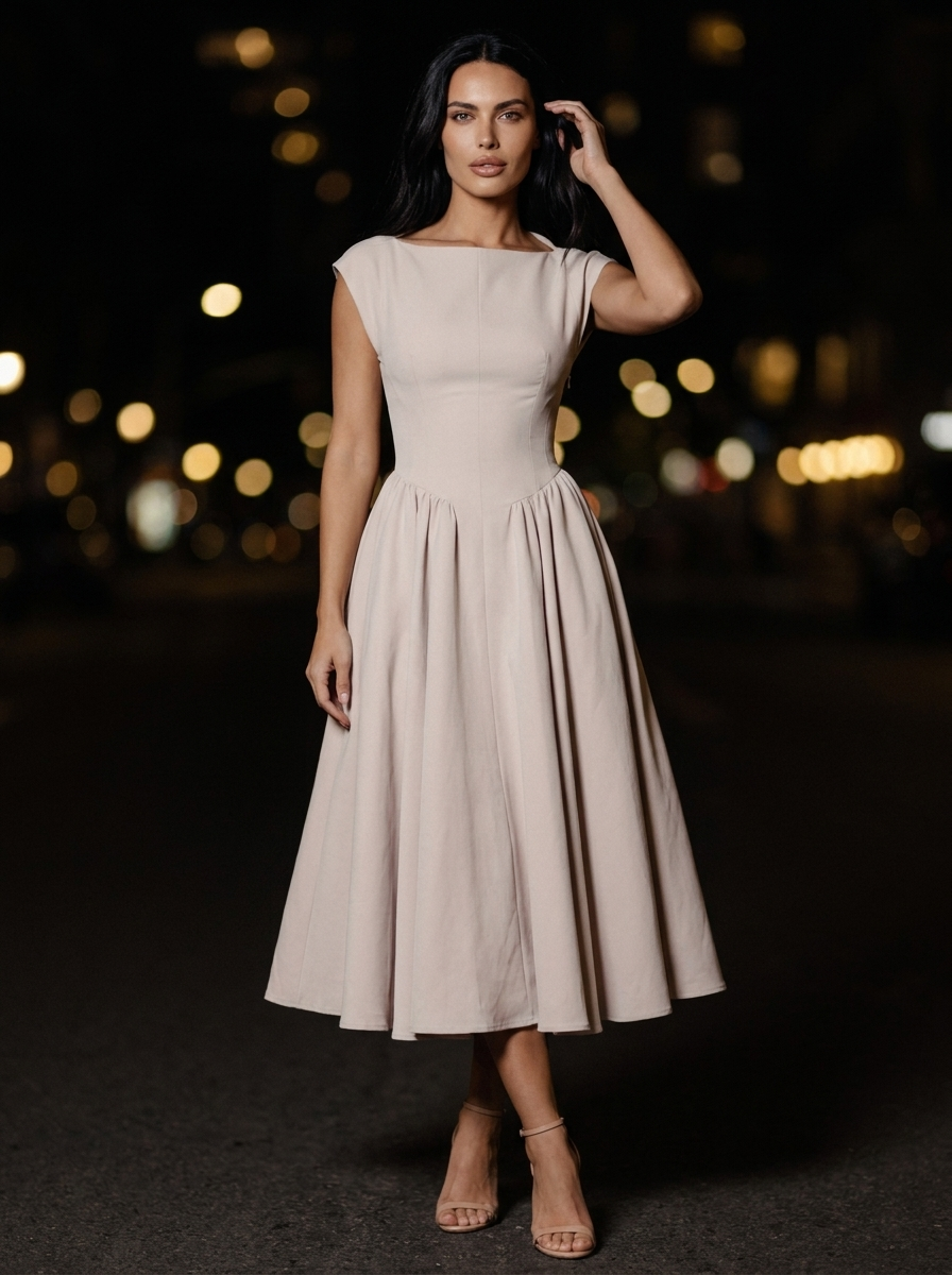 CAMILLE ELEGANCE MIDI DRESS Beige Rose front