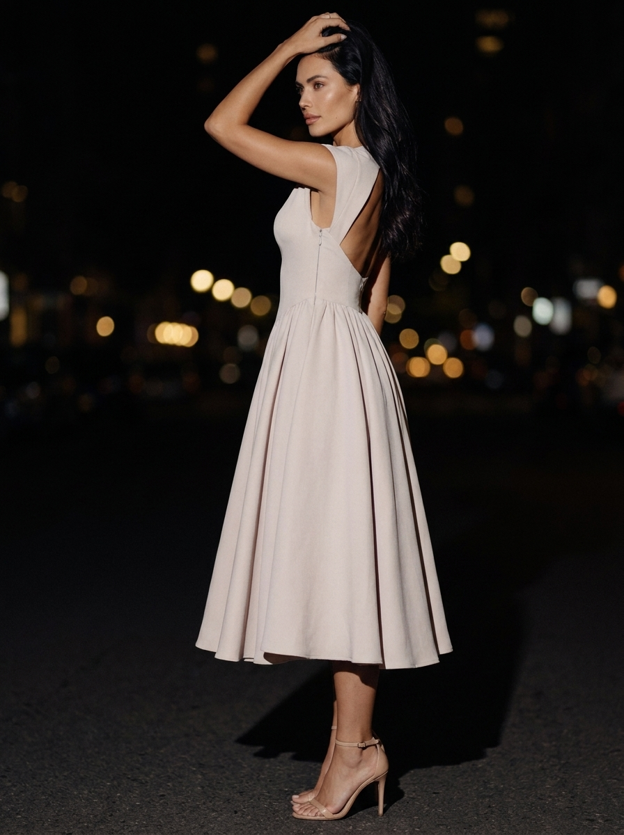 CAMILLE ELEGANCE MIDI DRESS Beige Rose back
