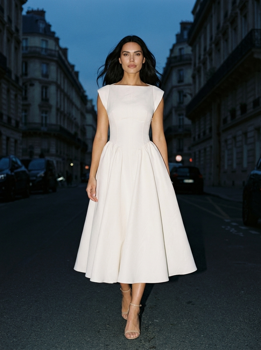 CAMILLE ELEGANCE MIDI DRESS Ivory mood walking