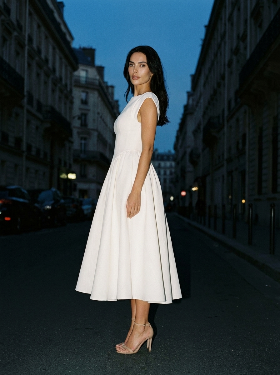 CAMILLE ELEGANCE MIDI DRESS Ivory mood glancing
