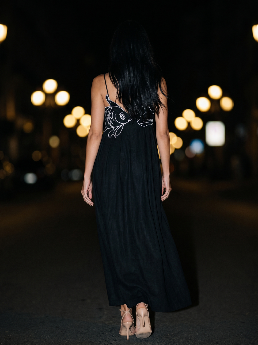 MARINA FISH MAXI DRESS Black back