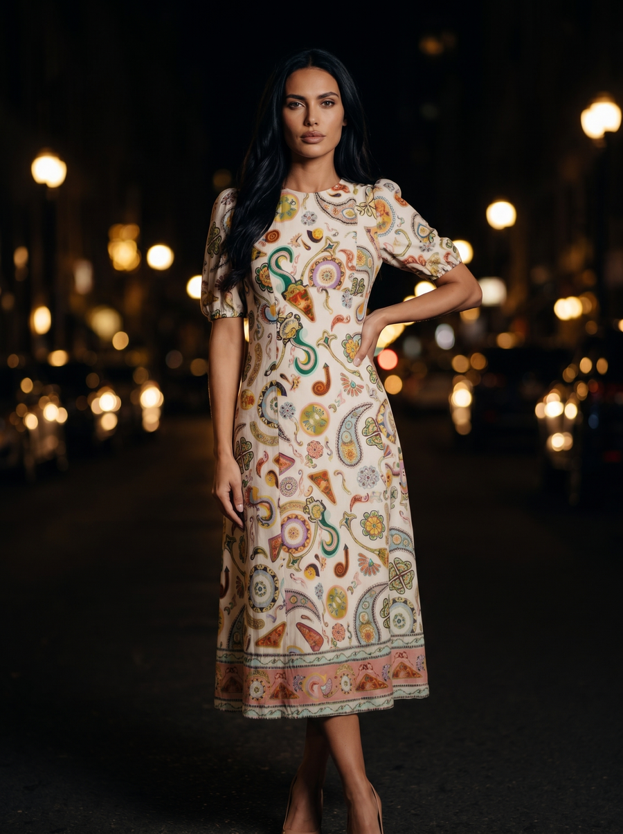 PAISLEY RUFFLE MIDI DRESS front