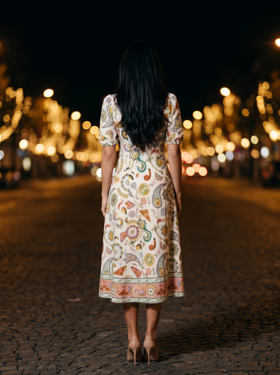 PAISLEY RUFFLE MIDI DRESS back