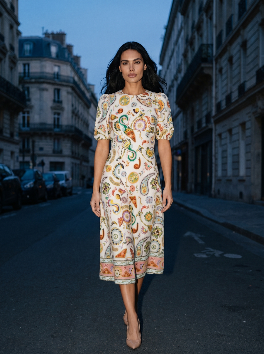 PAISLEY RUFFLE MIDI DRESS sfeer 1