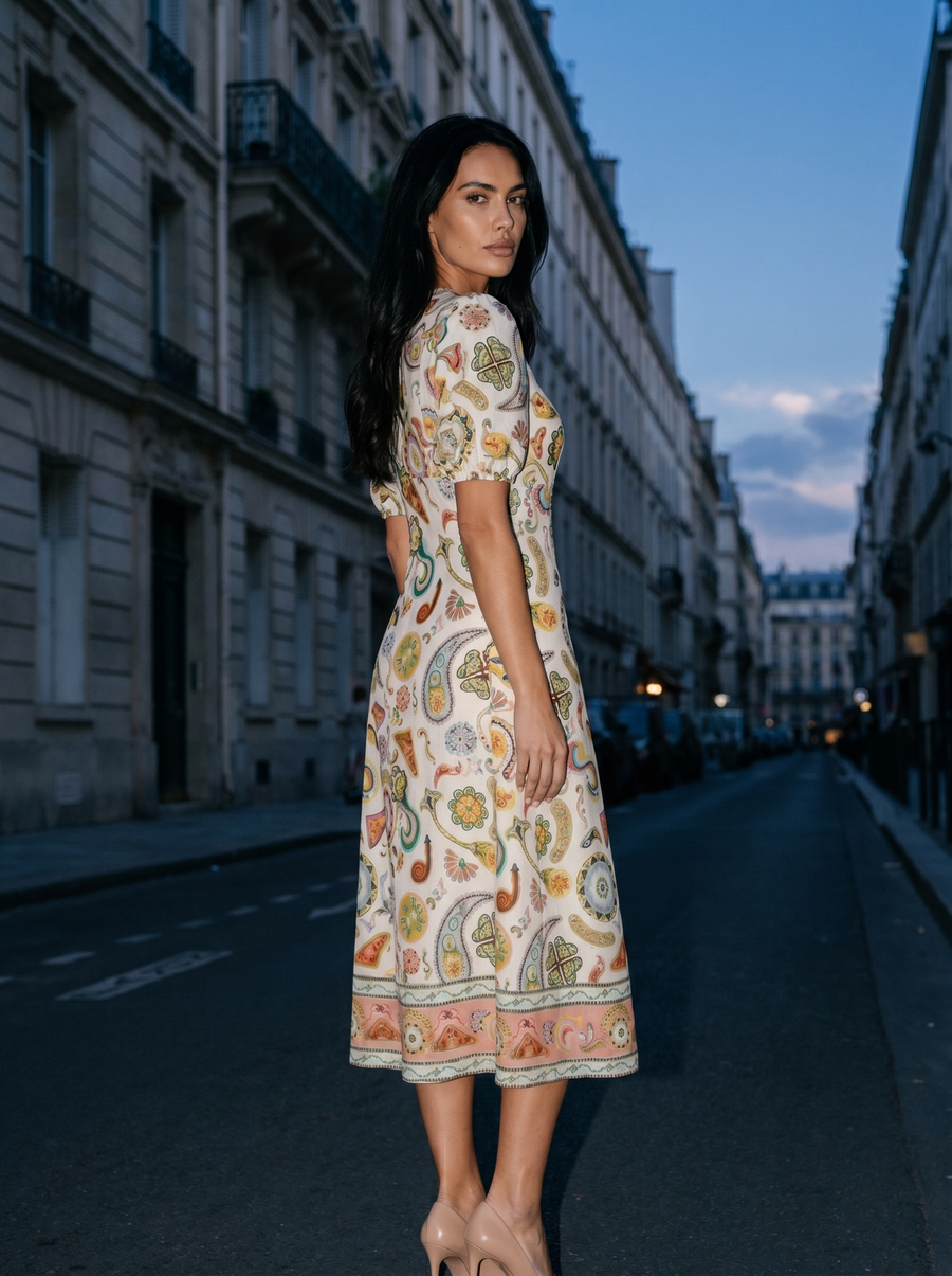 PAISLEY RUFFLE MIDI DRESS sfeer 2