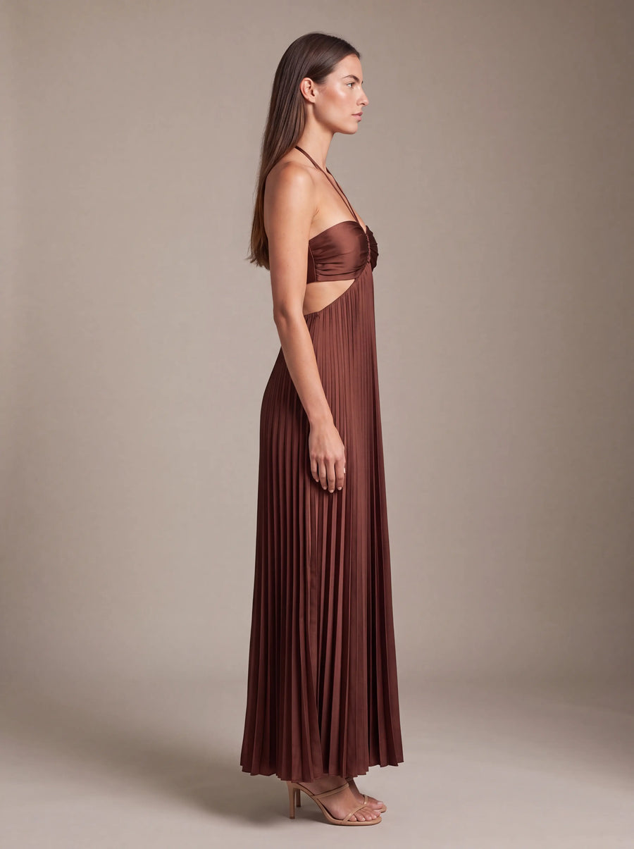 SIENNA MAXI DRESS Cocoa Satin studio side