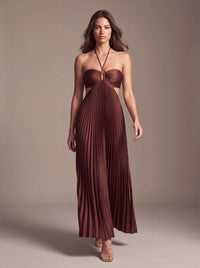 SIENNA MAXI DRESS Cocoa Satin studio pose 1