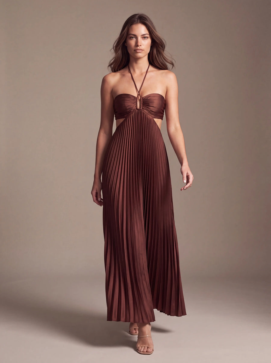 SIENNA MAXI DRESS Cocoa Satin studio pose 1