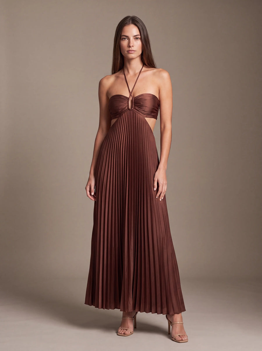 SIENNA MAXI DRESS Cocoa Satin studio pose 2