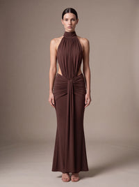 CLARA MAXI DRESS Brown studio front