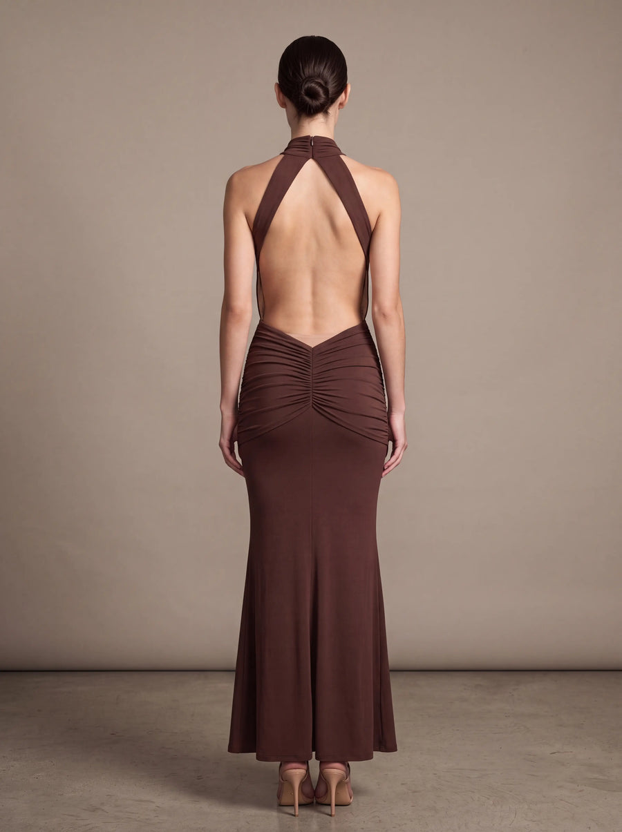 CLARA MAXI DRESS Brown studio back