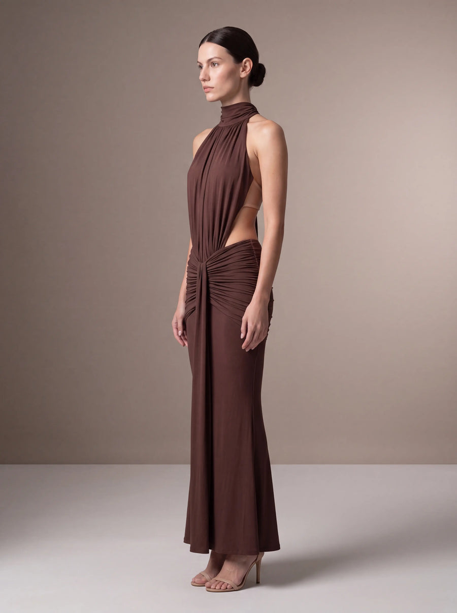 CLARA MAXI DRESS Brown studio side