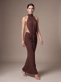 CLARA MAXI DRESS Brown studio pose 1