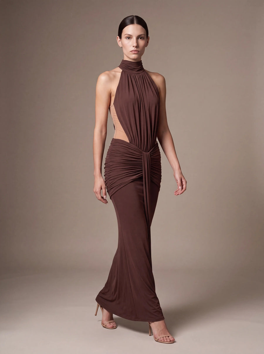 CLARA MAXI DRESS Brown studio pose 1