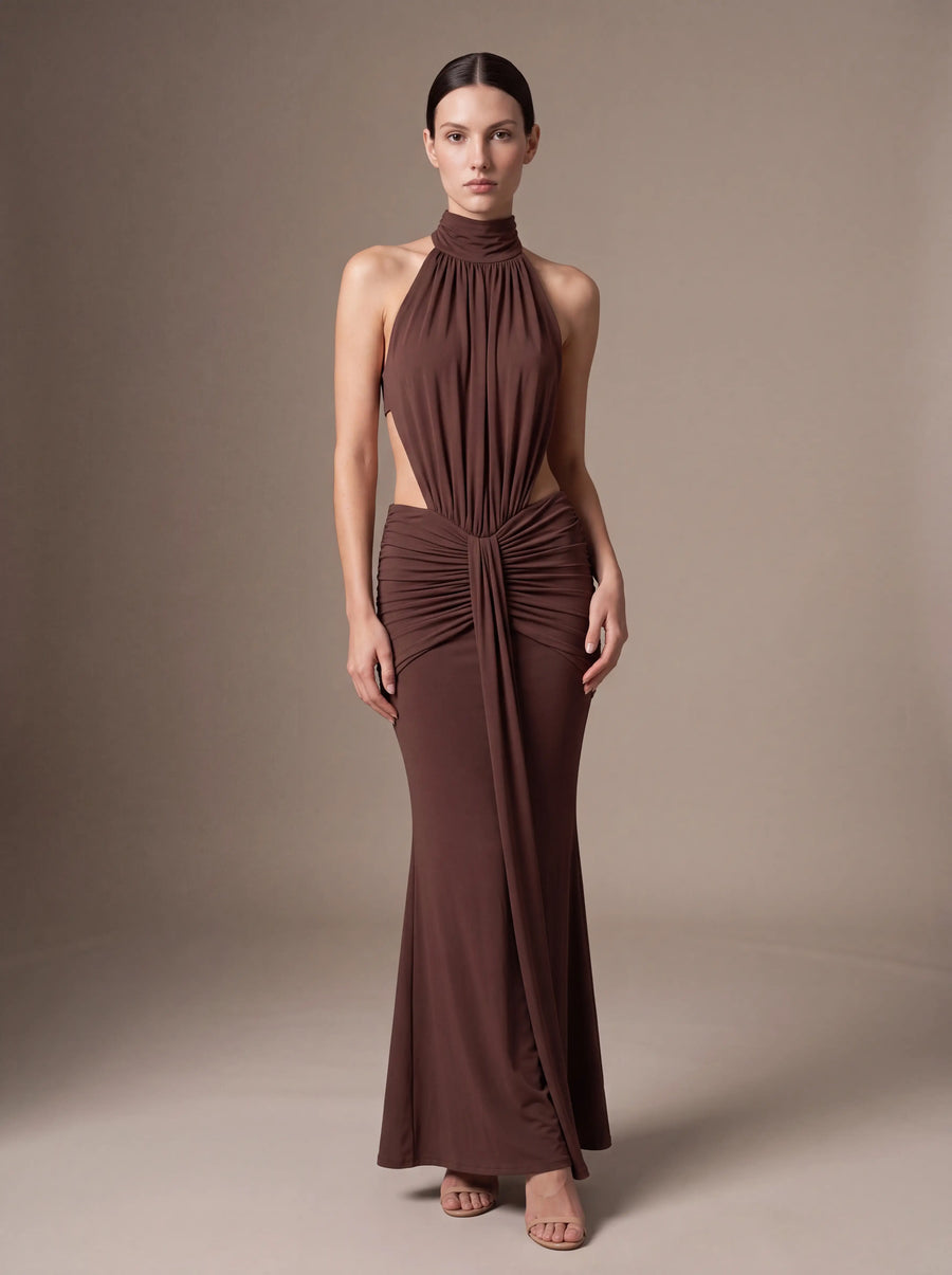CLARA MAXI DRESS Brown studio pose 2