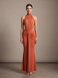 CLARA MAXI DRESS Orange Burnt studio front