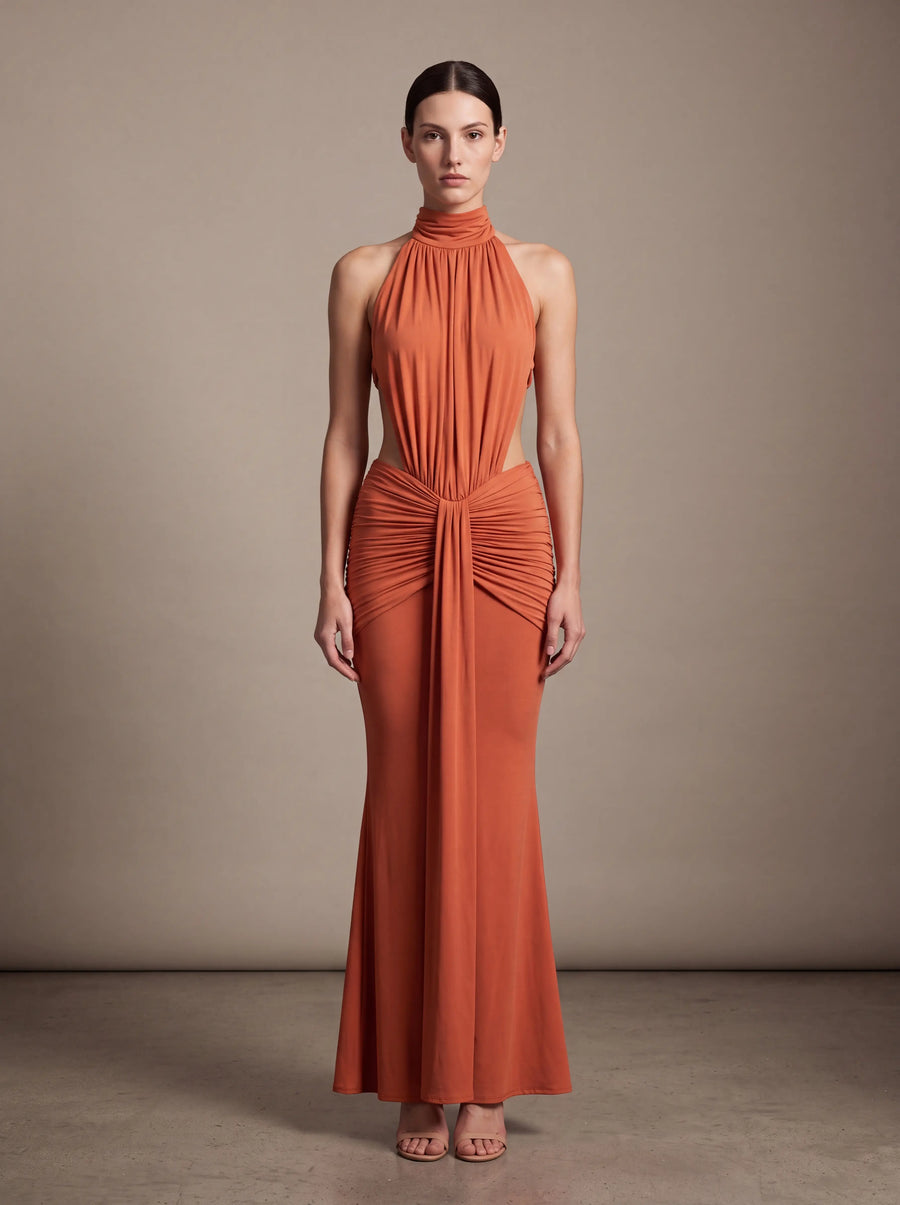 CLARA MAXI DRESS Orange Burnt studio front