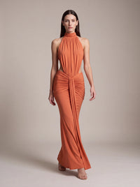 CLARA MAXI DRESS Orange Burnt studio pose 1