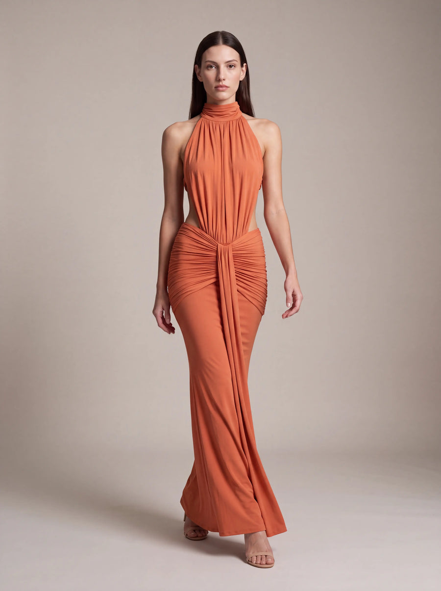 CLARA MAXI DRESS Orange Burnt studio pose 1