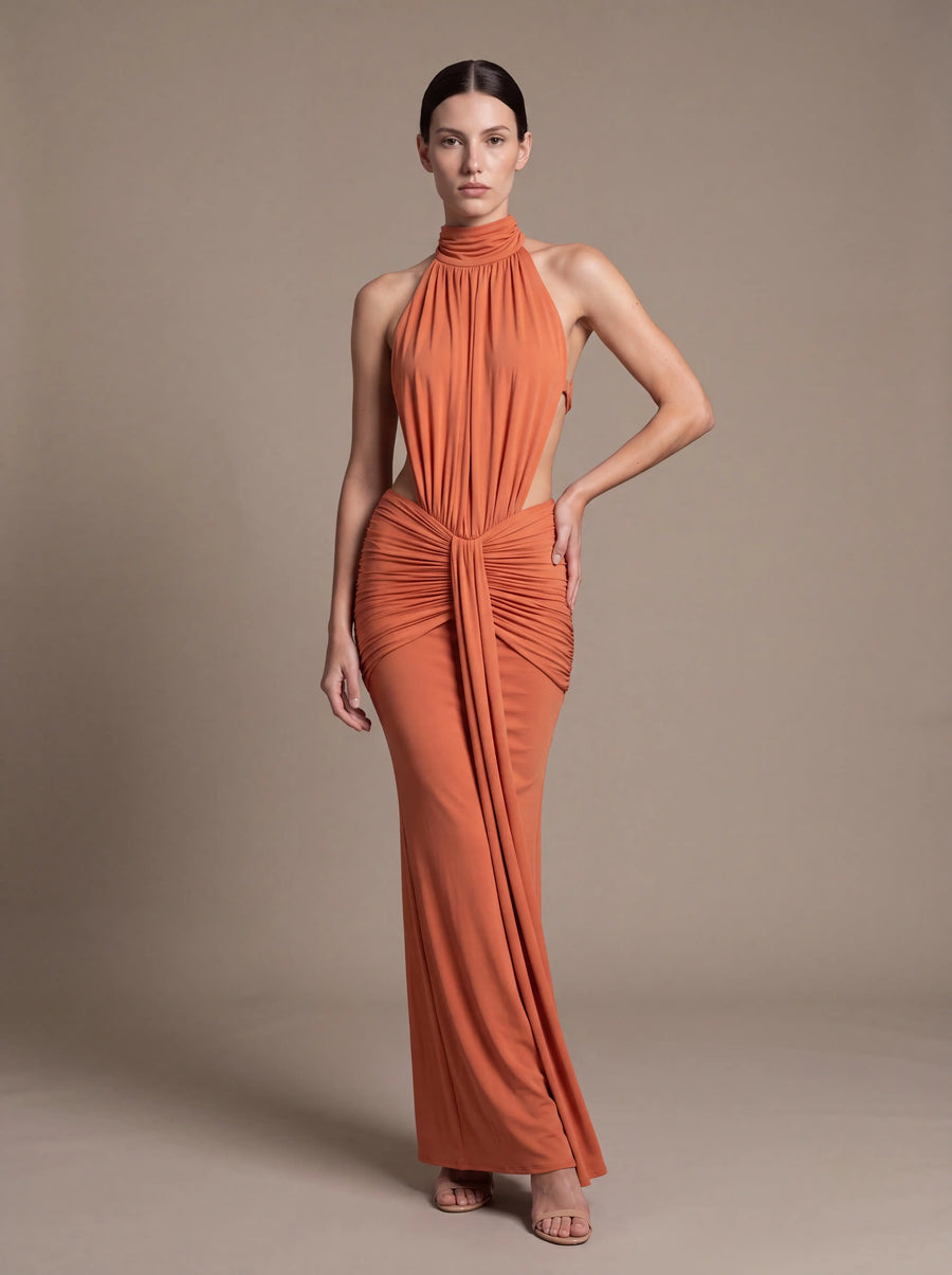 CLARA MAXI DRESS Orange Burnt studio pose 2