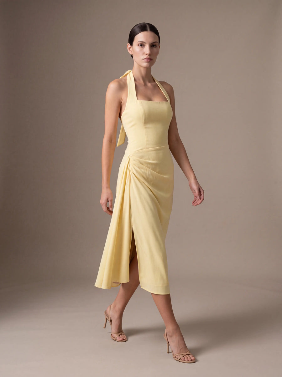 WHITNEY MIDI DRESS Lemon studio pose 1