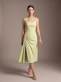 WHITNEY MIDI DRESS Lime Green studio pose 1