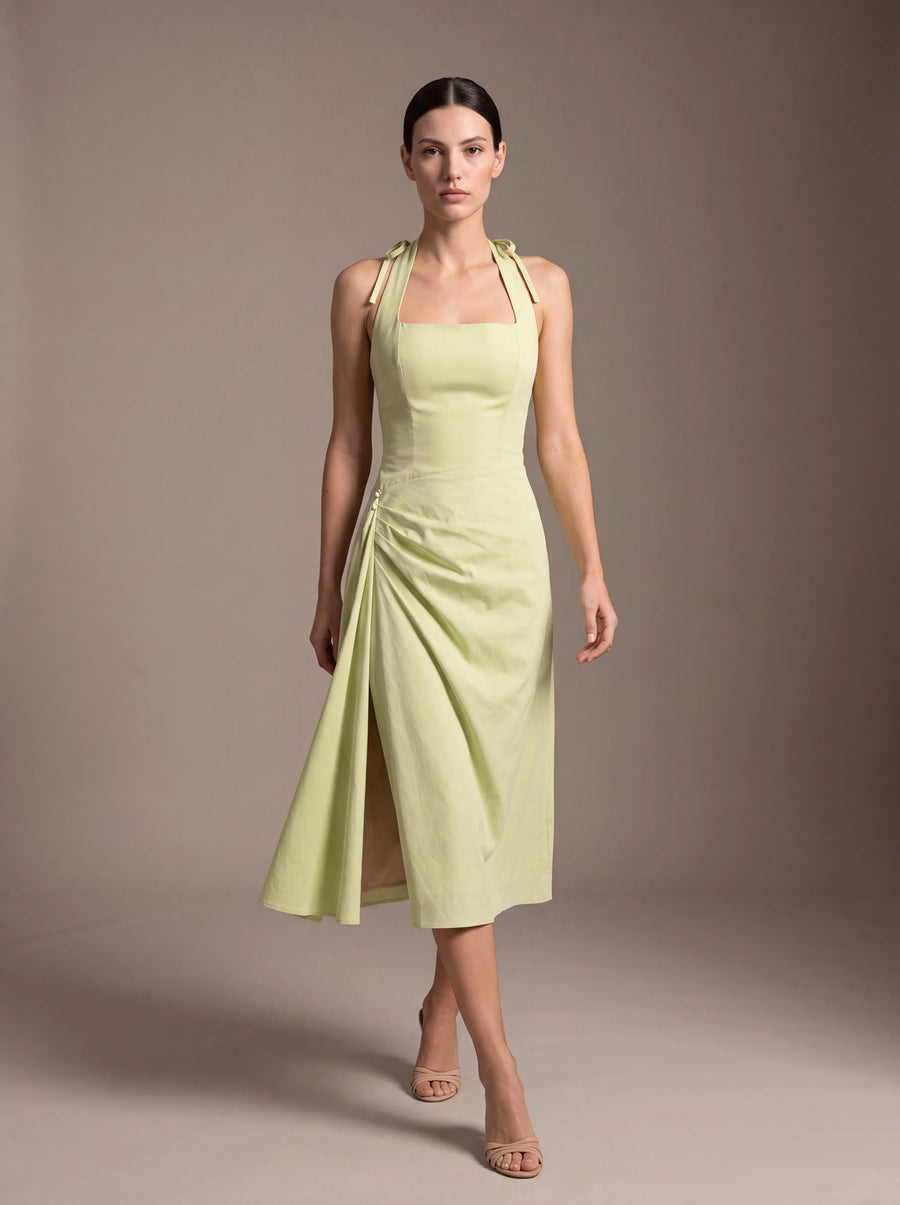 WHITNEY MIDI DRESS Lime Green studio pose 1