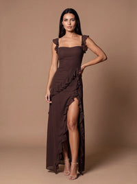CLAIRE MAXI DRESS Brown studio front