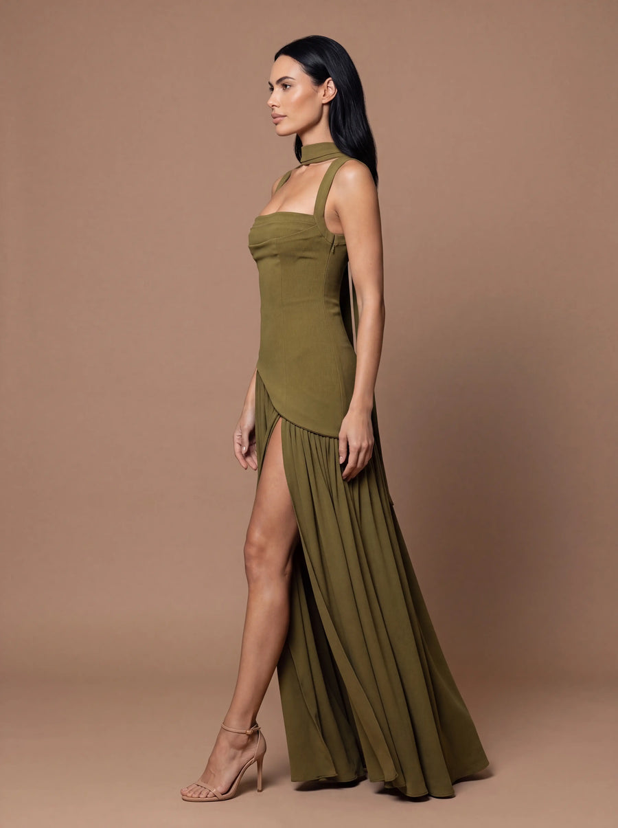 ELEANOR MAXI DRESS Deep Olive studio side