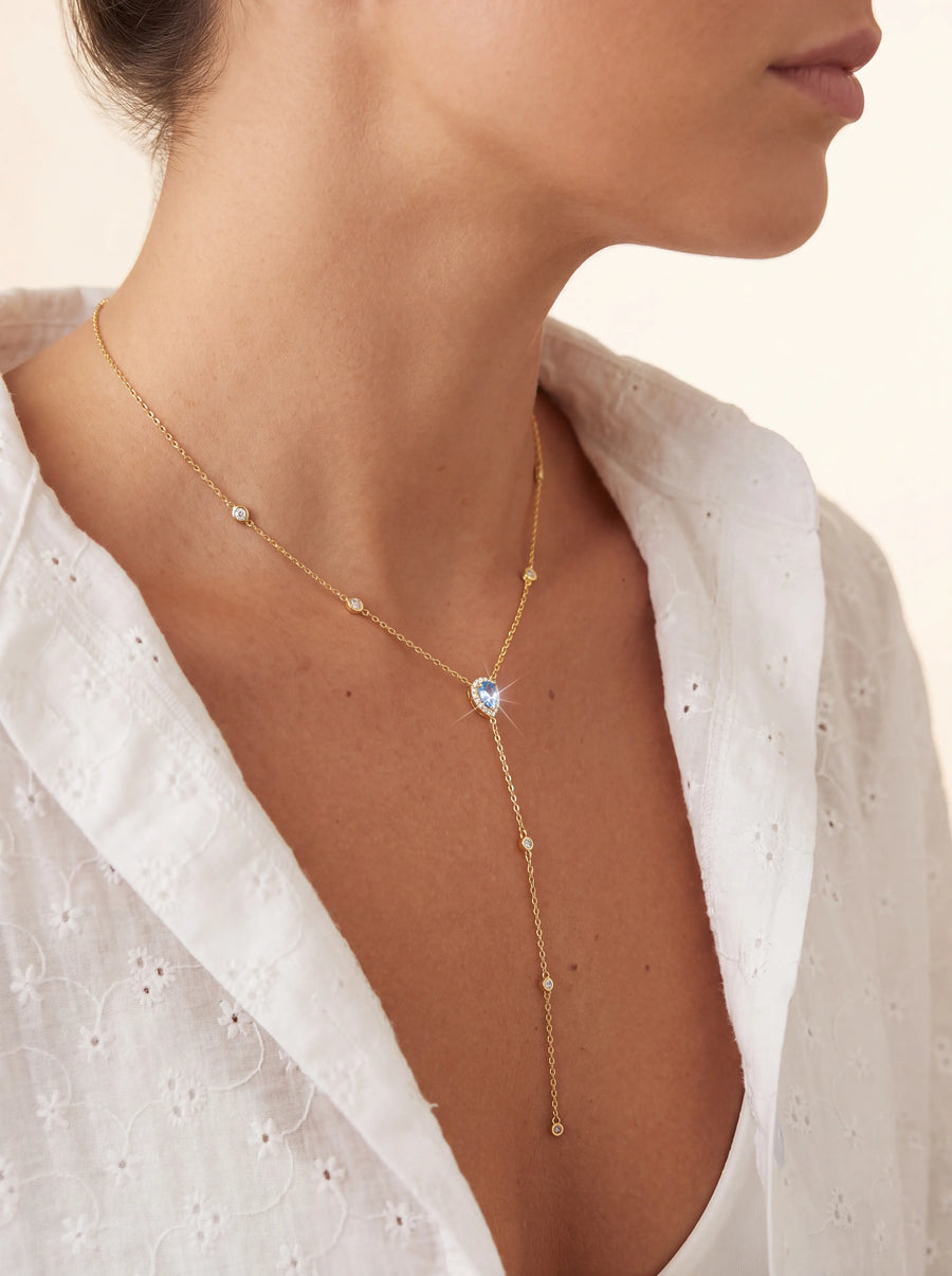 Teardrop Lariat Necklace Light Blue CZ