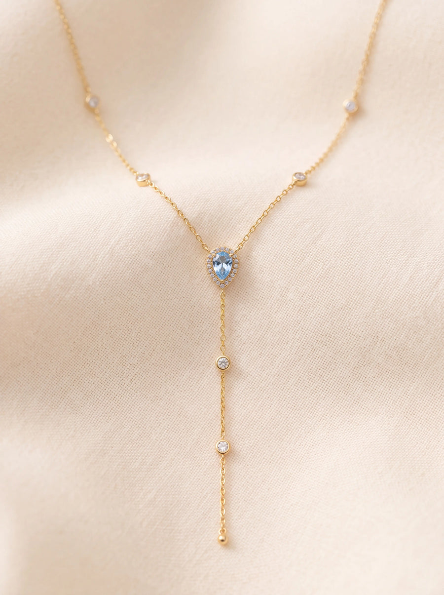 Teardrop Lariat Necklace Light Blue CZ