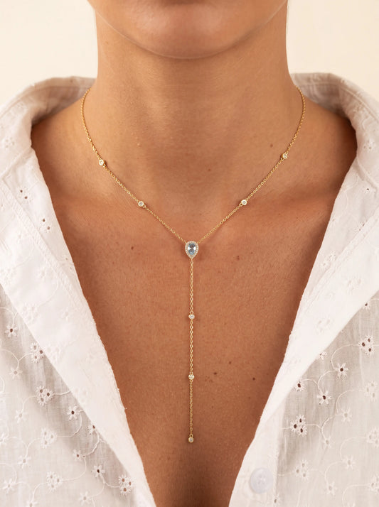 Teardrop Lariat Necklace Light Blue CZ