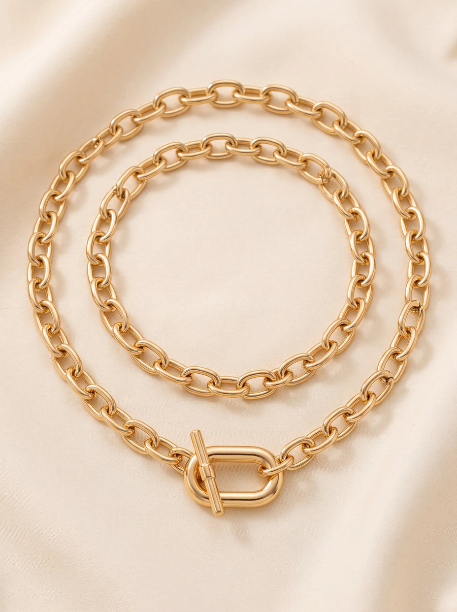 2pc Gold Double Interlock Oval Link Necklace