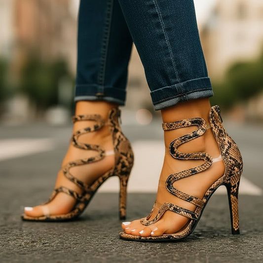 Sophia | High Heels Snake Print Strappy Ankle Wrap Stiletto Beige