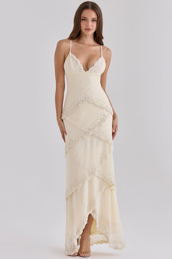 Sorelle Almond Georgette Hand Embellished Tiered Maxi Dress