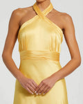 Ieena For Mac Duggal Yellow Ruched Halter Neck Tie Back Satin Gown